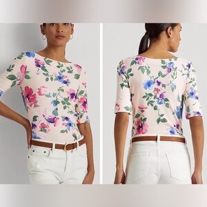 Lauren Ralph Lauren Pink Floral Print Cotton Blend Stretch Boatneck T-shirt XL